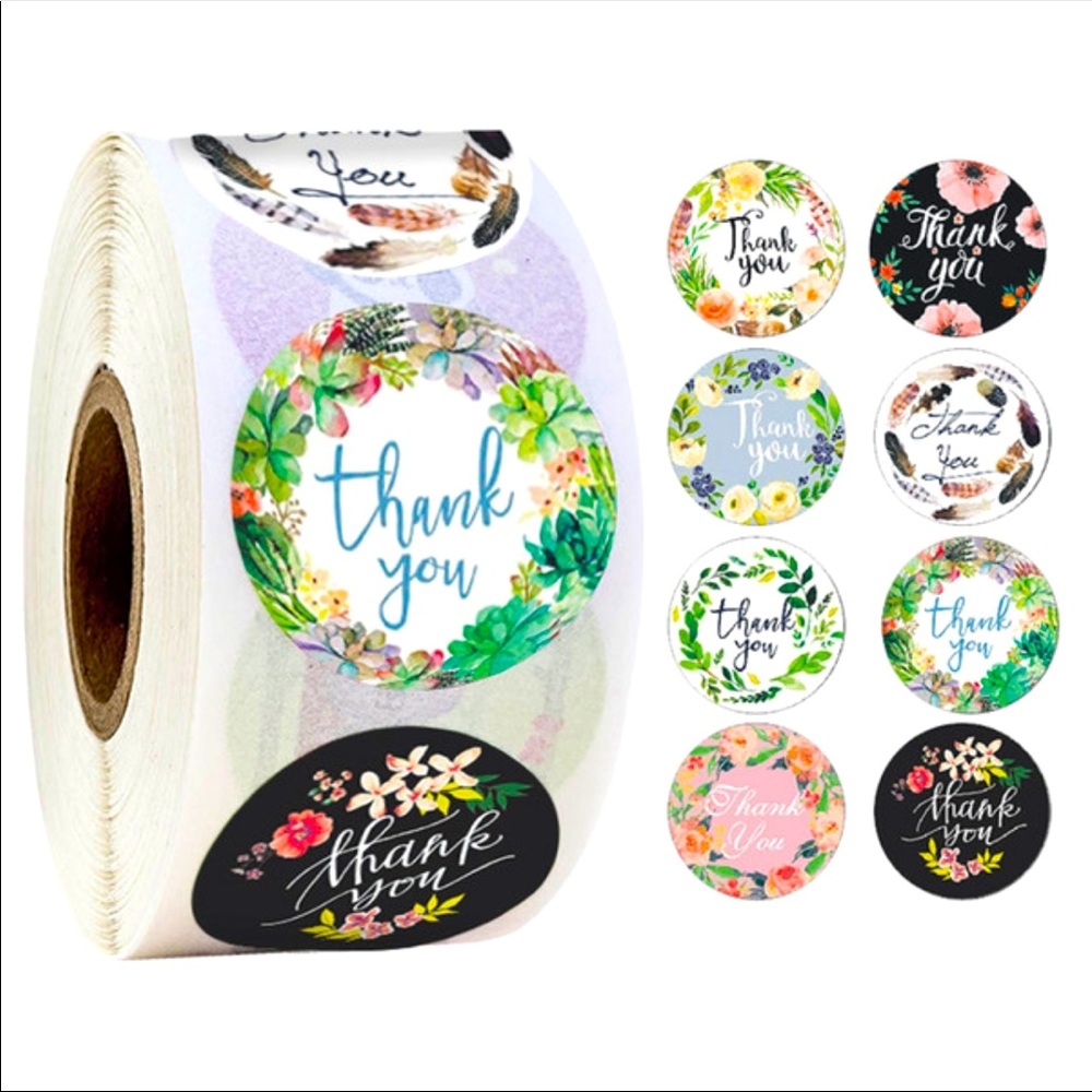 QUICKSHIP FLORAL THANK YOU STICKERS 1.5 INCH 100 pcs ROLL